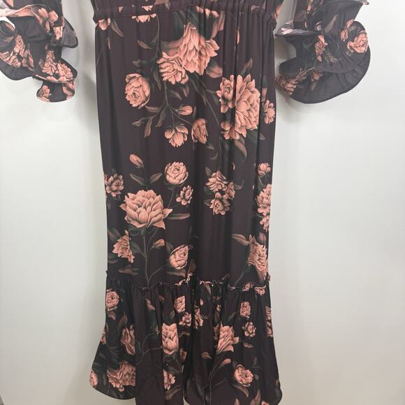 Johanna Ortiz X H&M NWOT Brown Floral Dress Small Hi Low Maxi Ruffle Tiered - Picture 12 of 16